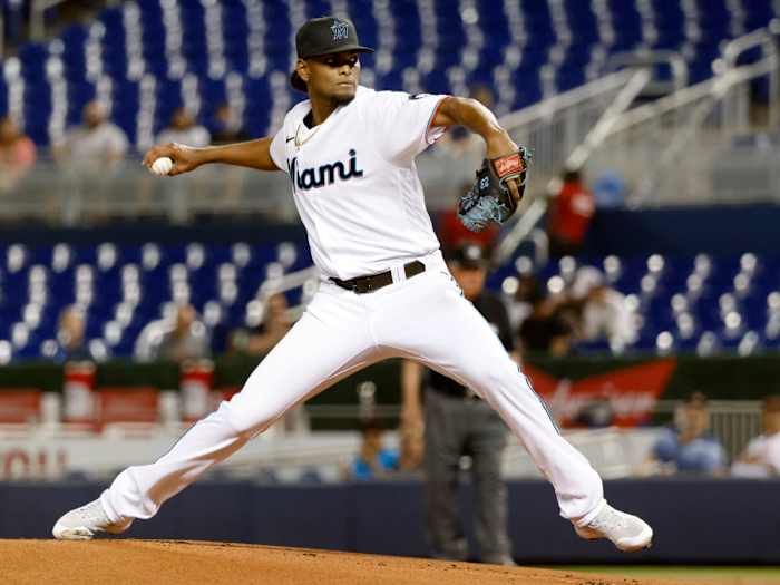 Aug 25, 2021; Miami, Florida, USA; Miami Marlins starting pitcher Edward Cabrera (79) delivers a pitch during the first inning against the Washington Nationals at loanDepot Park.